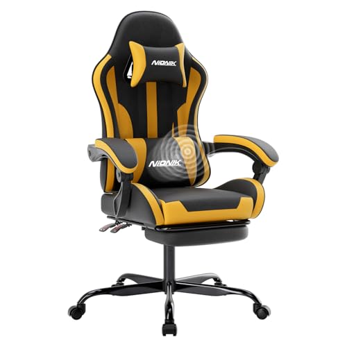 NIONIK Ergonomischer Gaming-Stuhl mit Fußstütze, Racing Gaming Chair Kopfstütze, Gaming Stuhl Verstellbarer, Computerstuhl Höhenverstellbar Lendenwirbelstütze für Homeoffice und Gaming Orange BY