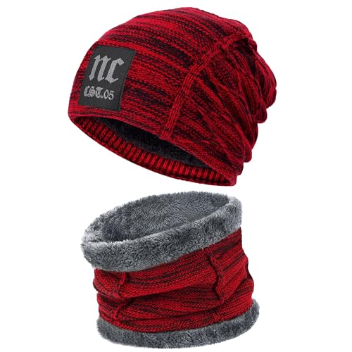 FZ FANTASTIC ZONE Mens Womens Winter Beanie Hat Scarf Set Warm Knit Hat Thick Fleece Lined Winter Cap Neck Warmer for Men Women, B Red, size