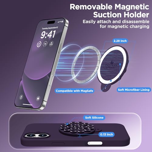 Image of Magnetic for iPhone 16 Case, Compatible with Magsafe, Suction Cup Phone Mount, [2 Screen Protectors][Camera Lens Protector] Silicone Shockproof Protective Slim Phone Cover 6.1 inch, Deep Purple