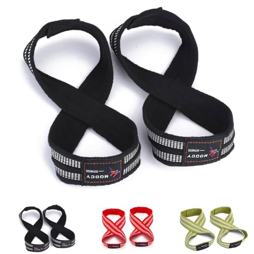 MOOCY Figure 8 Straps for Deadlift Weight Lifting Shrugs and Weightlifting. Heavy Duty Cotton Wrist Straps for Men Women Weight Lifting Deadlifts - Deadlifting Straps(Medium Black)