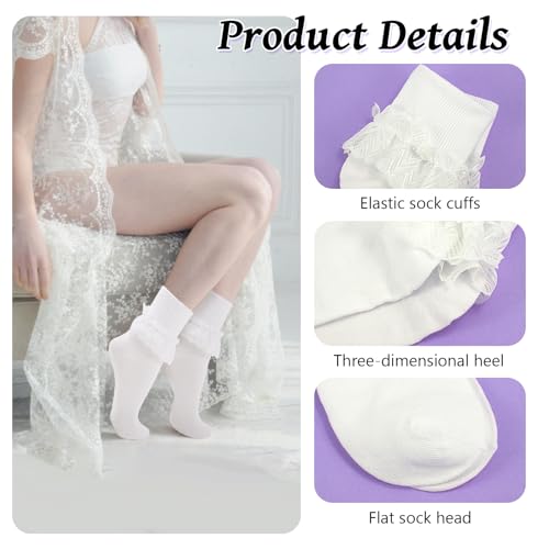 Image of 1 Pair White Ruffle Socks Woman Lace Frilly Ankle Socks Soft Cotton Socks Cute Princess Socks Fashion Dress Socks Lolita Socks for Women (White - 1 pair)