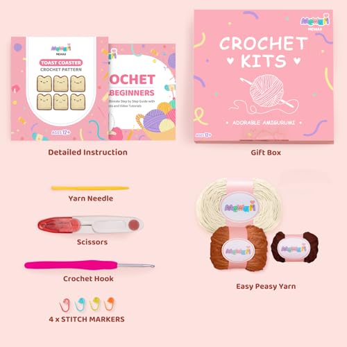 Image of Mewaii Crochet Kit for Beginners Level 1 with 40% Extra Eco-Friendly Pre-Started Easy Yarn, Step-by-Step Video Tutorials for Adults and Kids (Toast Coaster)