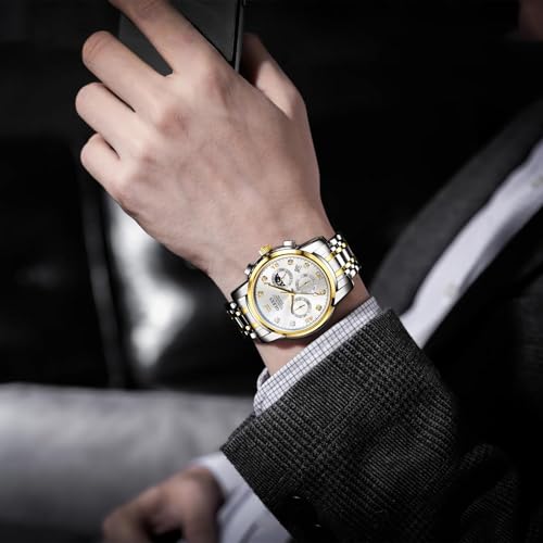 OLEVS Men's Chronograph Watch, Gold Silver Stainless Steel Analog Quartz Watch, Waterproof Multi-Function Dial with Date Diamond Watches for Men