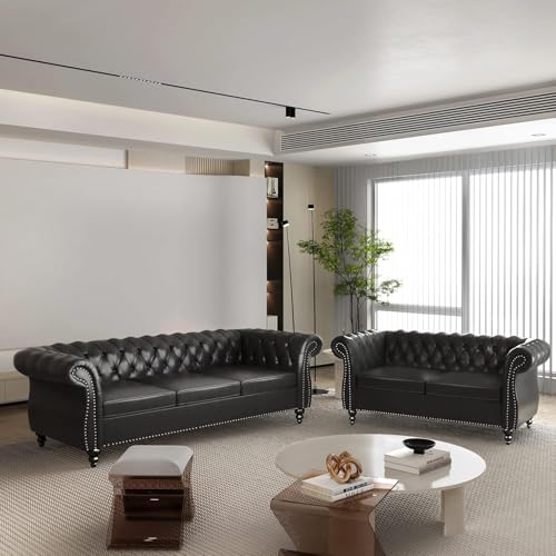 Image of WOODEN WORLD Modern & Classic Leather Sofa Set - Luxurious Comfort, Stylish Design, and Durable Build (Black, 3+2 Seater)