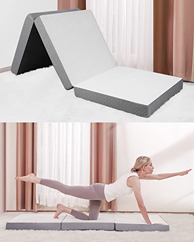 Forias Folding Mattress, Tri-Fold Memory Foam Mattress, 4 Inch Foldable Mattress Topper With Washable Cover, Portable Mattress For Floor Guest Bed Camping Single Size 75" L X 25" W X 4" Th #TOP14