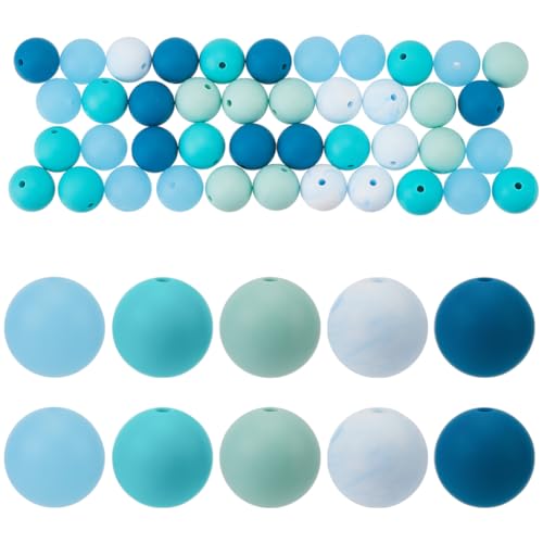 SOFPLATE 1 Box 60Pcs Round Silicone Bead Blue Focal Beads Bulk Mixed Color 15mm 16mm Rubber Soft Loose Spacer Beads for Bracelets Keychain Beadable Pens Necklaces Jewellery Making Beading DIY Crafts