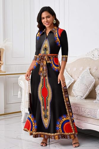 Image of Runwind Women Church Maxi Dresses 3 /4 Sleeve Button Down Print Casual Office Dress African