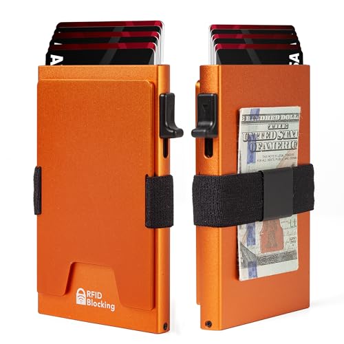 Image of Minimalist Mens Card Holder Wallet, RFID Blocking Slim Smart Pop Up Aluminum Wallet,Holds 12+ Cards,Expandable Compact Plate,Cash Strap /Money Clip (Orange)