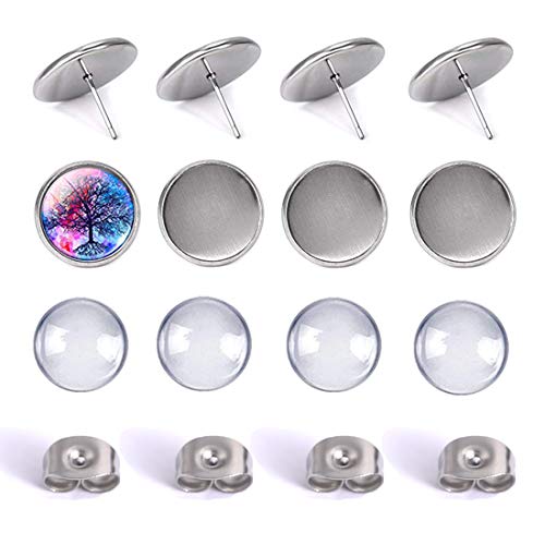 DROLE 150Pcs Stainless Steel Cup Post Earrings Kit-50Pcs 12mm Cabochon Earring Setting 50Pcs Glass Cabochons with 50Pcs Ear Stud Back for Jewelry Making DIY Earring Findings