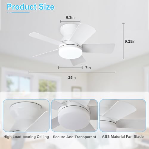 Image of Depuley Modern Ceiling Fan with Light: 25-Inch White Small Fans for Bedroom Indoor Outdoor - Dimmable Low Profile Ceiling Fans with Remote Control Flush Mount 5 Reversible White Blades 6 Speeds Timer