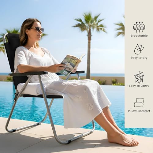 Image of ORILEY Camping Chair with Adjustable Pillow and Arm Rest Portable & Lightweight Foldable Garden Fishing Chairs for Travelling Outdoor Beach Hiking (Large, Black)