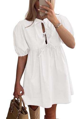 PRETTYGARDEN Womens 2025 Summer Casual Short Sleeve Dresses A Line Bow Tie Front Babydoll Loose Cute Mini Dress with Pockets (White,Large)