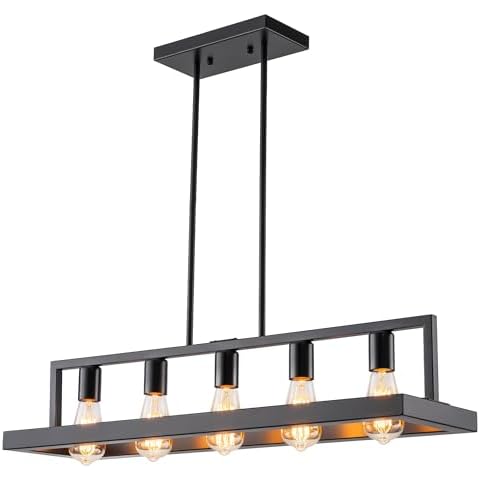 LMSOD 5-Light Farmhouse Black Kitchen Island Chandeliers, Modern Adjustable Dining Room Light Fixtures Hanging Pendant Light Fixtures Black Cover
