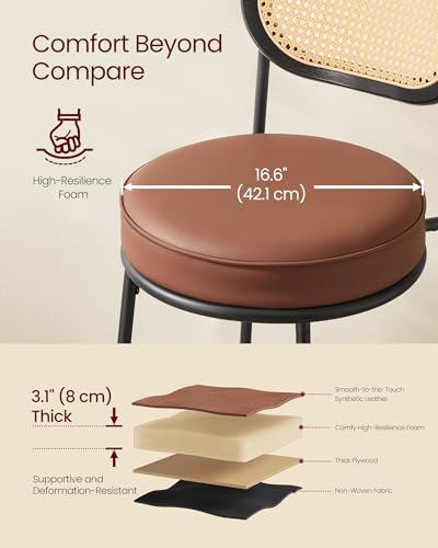 Image of VASAGLE Bar Stools Set of 2, Bar Height Stools with Rattan Back and Metal Legs, 25.1-Inch Tall Counter Chairs, Modern Leather Upholstered Barstools for Kitchen Island Dining Room, Caramel Brown