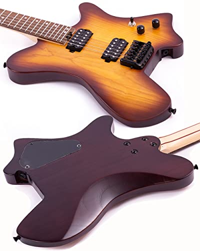 Censtar Headless Electric Guitar,6 String Solid Body Travel Guitar,Roasted Maple Neck And Ash Body Stainless Steel Frets Electric Guitar,24 Frets Electric Guitar #TOP3