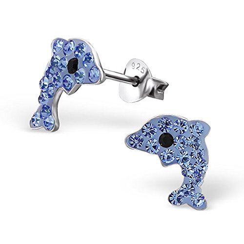Dolphine Earrings Studs Crystal Blue Sapphire Children's Silver Jewelry Stering Silver 925 (E15902)