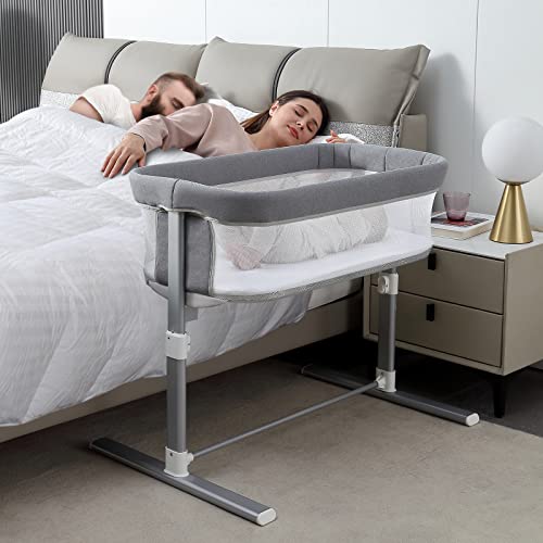 Image of Yacul Baby Bassinet, Bedside Crib for Newborns, Lighweight Portable Bassinet for Baby, Adjustable Height, Waterproof and Detachable Mattress Included, Light Grey