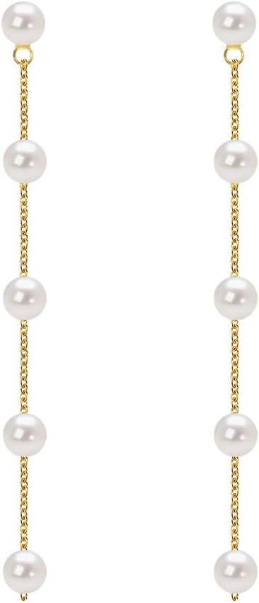 QJLE 18K Gold Plated Pearl Dangle Earrings for Women 925 Sterling Silver Post Long Tassel Hypoallergenic Drop Earrings for Bridal Wedding Jewelry Gifts