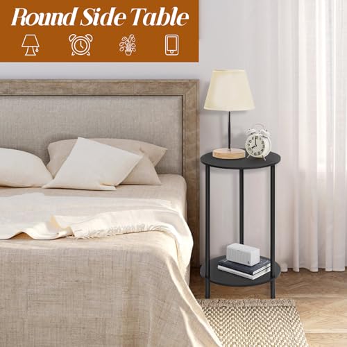 SEHERTIWY Small Round Side Table, 2 Tiers Farmhouse End Tables, Set of 2 Accent Tables for Small Spaces, Night Stands for Bedrooms Living Room, Coffee Tables with Storage Shelf, Black by SEHERTIWY - Image 3