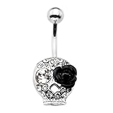 Jovivi 14G Stainless Steel CZ Crystal Sugar Skull Rose Navel Barbell Flower Belly Button Ring