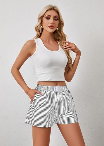 Image of Ythomm Womens Lounge Shorts Y2k Striped Print Elastic Waist Pajama Shorts Cute Boxers Bottoms With Pockets Comfy Sleepwear, Small, Black-white