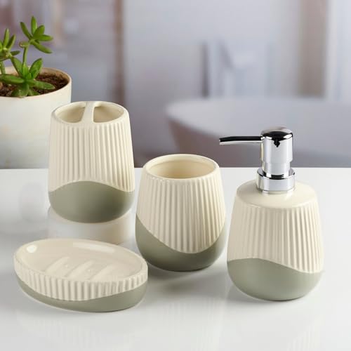Image of SaSaSa Ceramic Bathroom Accessories Set of 4 - Stylish Bath Set with Liquid Soap Dispenser, Toothbrush Holder, Tumbler and Soap Dish for Modern Bathroom Decor, White /Grey (12099)