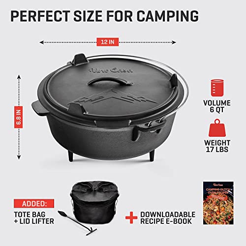 Uno Casa 6Qt Cast Iron Camping Dutch Oven with Lid Lifter and Storage Bag - Cast Iron Dutch Oven Pot with Lid, Cast Iron Camping Cookware, Camping Oven - Campfire Cooking Equipment - Image 5