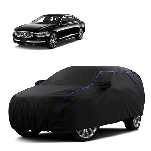 Image of Sulfar 100% Water Resistant Car Body Cover Compatible with Mirror for Volvo S 90 (Triple Stitched, Full Bottom Elastic, Black Tafetta with Blue Piping)