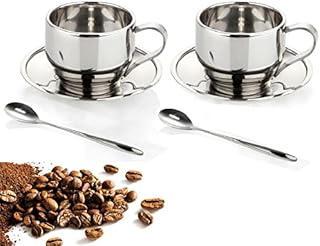 Sunallwell 125ml Tea Cups and Saucers Sets of 2 Coffee Cup Set Teaspoon Set Dessert Bowls Soup Mug Stainless Steel Espresso Cups Set for Breakfast Home Kitchen