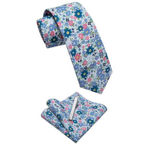 Image of YourTies Cotton Floral Tie for Men 2.5 inch Printed Skinny Necktie Pocket Square Tie Clip Set Flower Wedding Party Groom