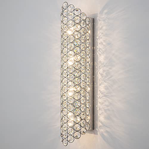 Image of 4-Light Long Strip Crystal Wall Sconce,Modern Luxury Chrome Wall Light with Shader Wall Lamp for Hallway Bedroom Living Room Bathroom Bedside Kitchen