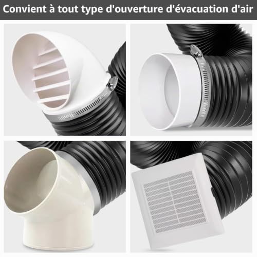 Onperpoe Tuyau d'évacuation d'air 100 mm de longueur 2 m, Noir Flexible PVC Alu Tuyau de ventilation Tuyau avec 2 colliers de serrage en acier inoxydable pour climatisations Alu Tuyau flexible pour – vue 5