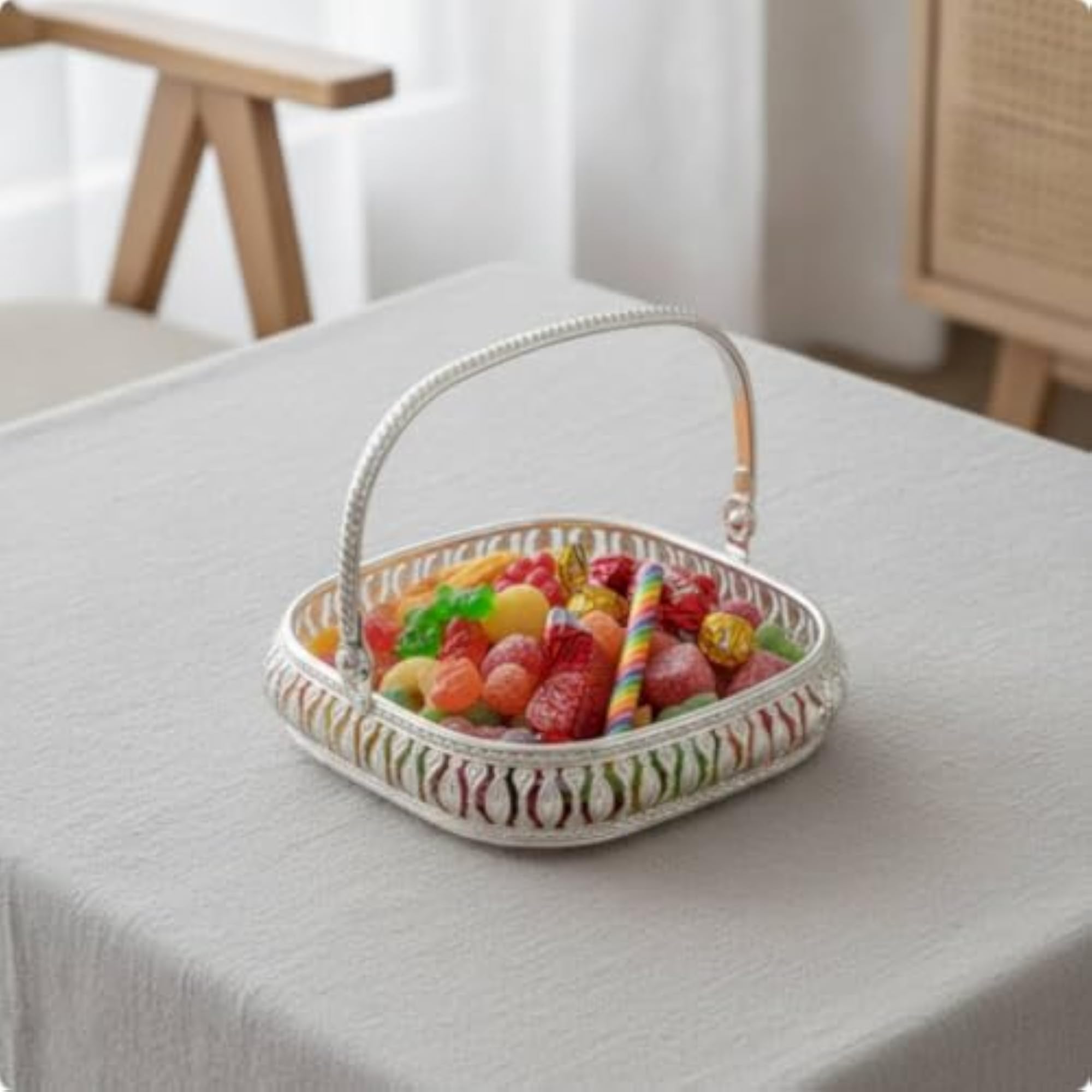 Silver-Finished Metal Serving Basket with Handle, Decorative