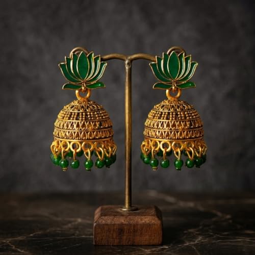 Image of OnlyKing Traditional Lotus Meenakari Jhumka Earrings for Women & Girls | Gold Color Oxidised Ethnic Floral Jhumki | Temple South Indian Style Ear rings Set | Stylish Trending Big Colorful Jhumkas (Available in 12 Colors)