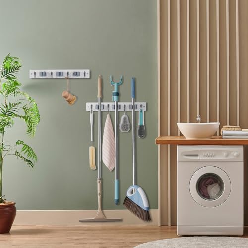 Image of OUTNILI 2 Pack White Mop Broom Holder Wall Mount with 3 Slots & 4 Hooks - Rustic Wood Broom Mop Hanger for Pantry Kitchen Organization - Garden Tool Organizer for Closet Laundry Room