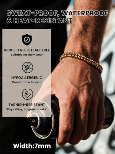 Bestyle Thick Mens Cuban Link Chain Bracelets, Durable Real 18K Gold/Black Metal Plated Solid Stainless Steel Hand Chain Cuban Bracelets for Men, Silver Black Gold Bracelets for Father Husband3