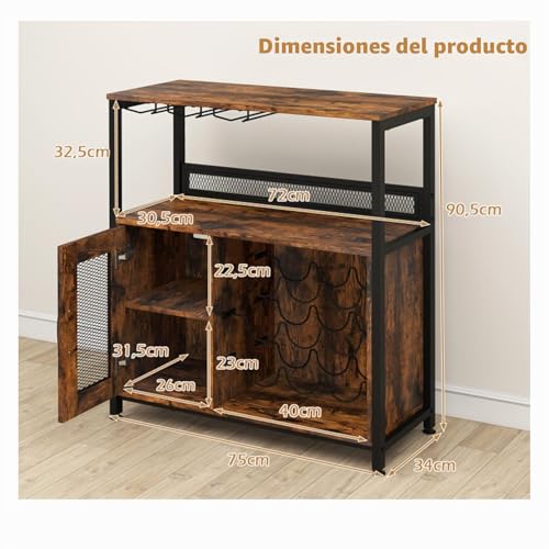 Miniatura 2 de Giantex Mueble Organizador De Bar Con Estantes Para 9 Botellas Y 3 Portavasos, Armario Para Vino Con Puerta De Rejillas, Kit Antivuelco, 75 X 34 X 90,5 Cm, Aparador Para Cocina, Comedor