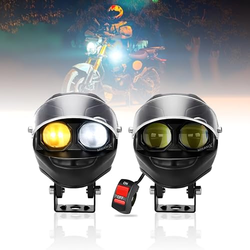 Image of OBEROI'S TRADERS Universal Motorcycle LED Fog Light Helmet Design | Dual Color White & Yellow | High /Low Beam | Waterproof Auxiliary Lamp for Bike & Scooter (Pack of 2)