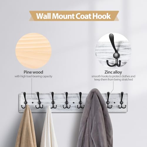 Porte-manteau mural en bois robuste gris blanc à 8 crochets - 4