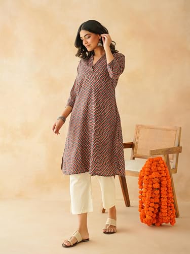 Image of GOODHAND Women Cotton Block Printed Kurta, Straight Fit Ethnic Kurti for Daily,Office & Casual Use