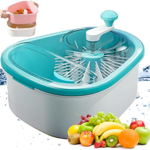 Fruit Washer Spinner Bowl with Brush, Large Capacity Fruit Washer Spinner with Brush, Fruit and Vegetable Washing Machine, Double Layer Fruits Cleaner Spinner with Drain Basket (Blue)
