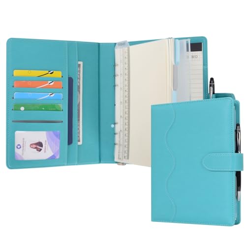 Wason A5 Diary Leather PU Lined Notebook Refillable Paper Journal, Removable Ring Binder Portfolio with Clipboard Writing Notepad and Pen for Travel Business School Agenda Organizer (Cyan)