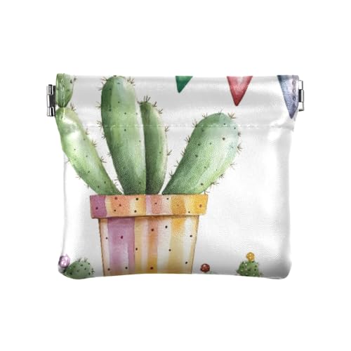 Watercolor Cactus Pattern Squeeze Coin Purse, Leather Coin Purse, Mini Wallet, Compact and Portable, Unisex