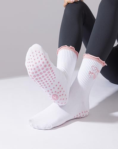 Yawlsow Cute Pilates Grip Socks for Women Ruffle Frilly Yoga Socks Non Slip Cotton Crew Grippy Sock for Barre Workout4