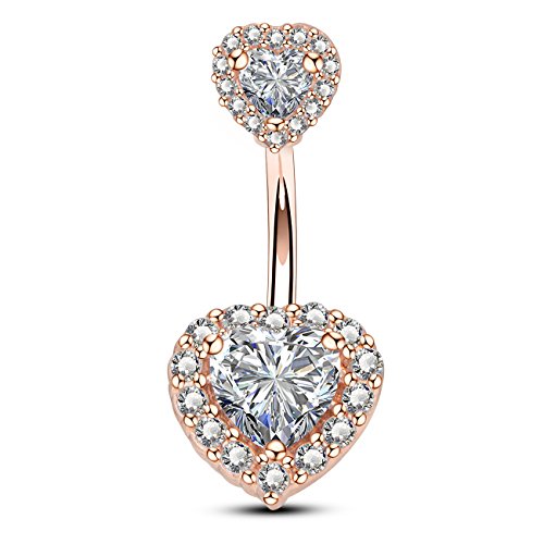 OUFER 14G Double Heart Cubic Zirconia Navel Belly Button Ring Surgical Steel Piercing