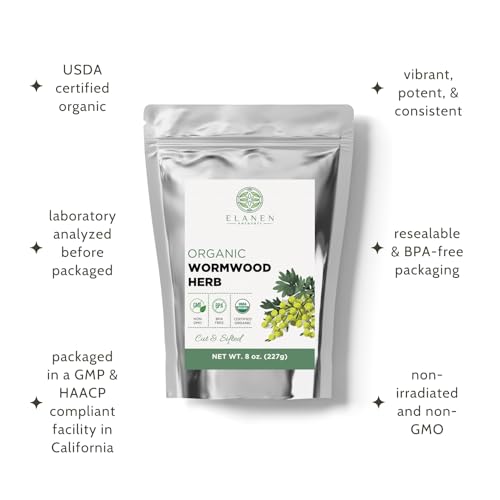 Elanen Naturals Organic Wormwood Herb 8 oz. (227g), USDA Certified Organic Artemisia absinthium, Wormwood Herb Tea, Worm Wood, Ajenjo, Cut & Sifted