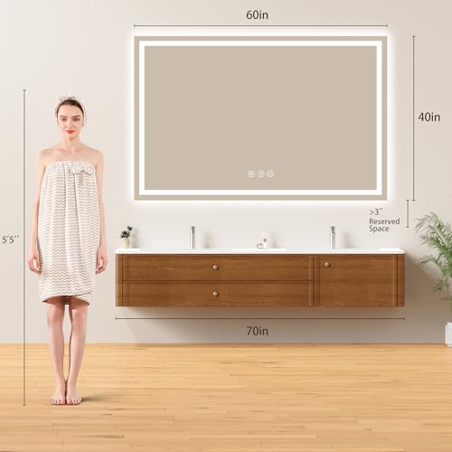 Image of 60x40 LED Bathroom Mirror with Lights - Dimmable, Anti-Fog, 3 Color Backlit & Front Lit Mirror for Bathroom, Shatter-Proof Tempered Glass, Easy Installation