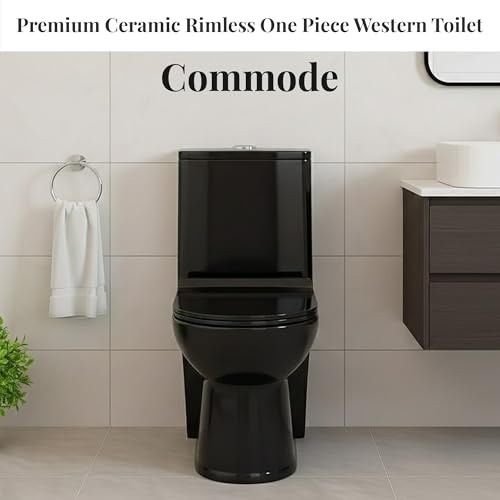 Image of KrissKross Premium Ceramic Rimless One Piece Western Toilet /Commode for Toilet /European Commode With Soft Close Seat Cover For Lavatory /Washdown Flush Commode With - S Trap Outlet (Matte Black)