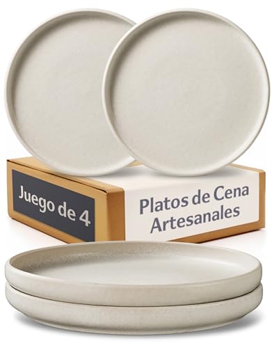 Cosumy Set de 4 Platos de Cena Blancos Ø26 cm – Cerámica Artesanal con Esmalte Reactivo – Apto para Microondas y Lavavajillas – Set de 4 Llanos