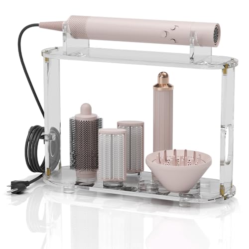 Upgraded 6-Hole Storage Holder for Shark FlexStyle - Acrylic Hairdryer Organizer with Cord Hanger Compatible with Shark Diffuser Curlers & Brushes Attachments for Bathroom Vanity and Hairsalon
